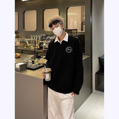 saferido outfit inspo American Retro Preppy Style Soft Glutinous Lazy Sweater Men's Autumn and Winter New Loose Lapel Couple Sweater Coat