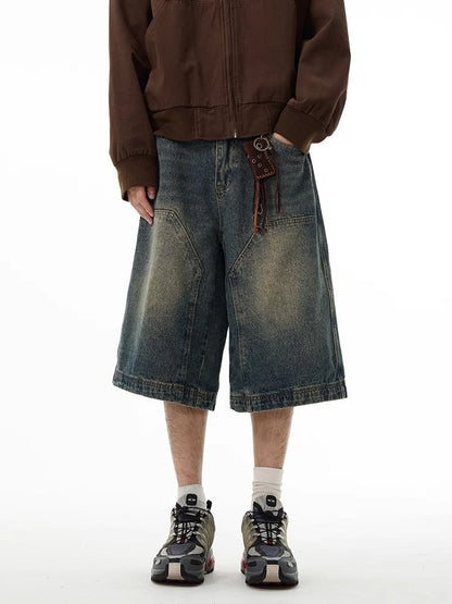 American high-grade denim shorts men's retro pants European and American logging wide-leg shorts six-point pants couple summer