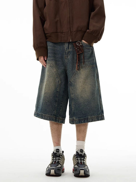 American high-grade denim shorts men's retro pants European and American logging wide-leg shorts six-point pants couple summer
