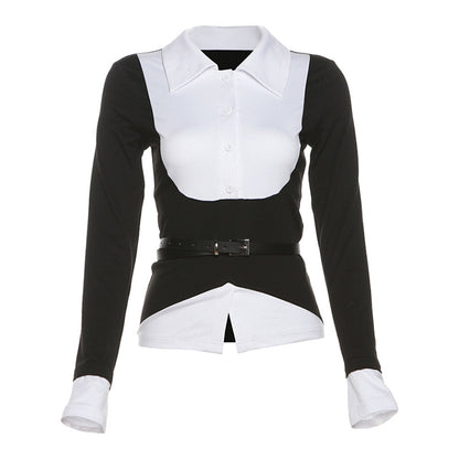 2025 style popular autumn new women's clothing fashion splicing white-collar black body design unique belt top