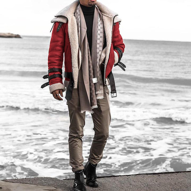 2025 supply   lamb wool lapel zipper PU fur integrated coat loose casual men's jacket
