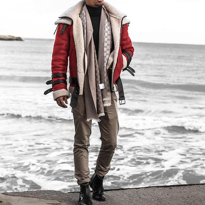 2025 supply   lamb wool lapel zipper PU fur integrated coat loose casual men's jacket