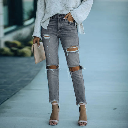 2025 Factory direct sales   new ripped women's jeans street hipster washed slim and thin straight pants