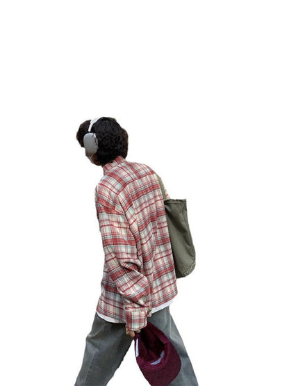American retro plaid shirt men's spring and autumn new loose casual lazy style long-sleeved shirt versatile jacket top