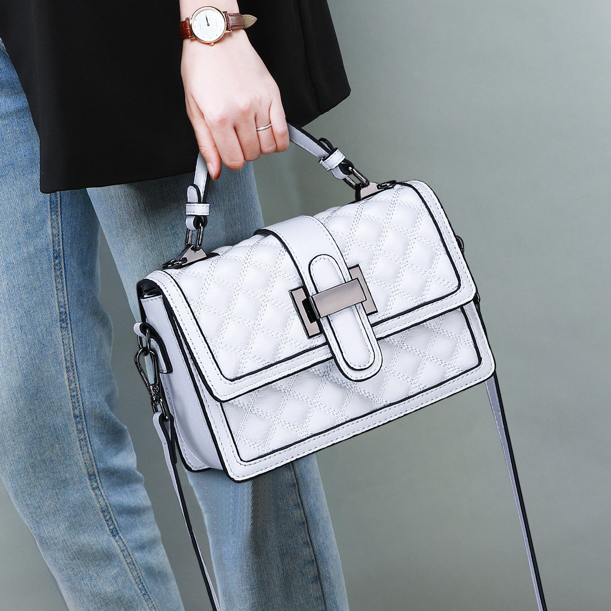 Women's bag summer first-layer leather handbag popular trendy fashion versatile texture diamond messenger bag bag