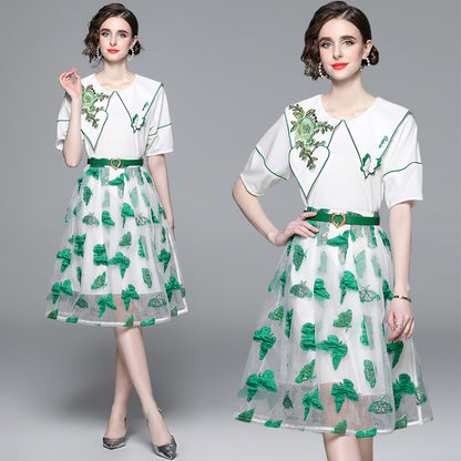 Hot style age-reducing suit skirt women's  summer new design short-sleeved top embroidered butterfly mesh skirt two-piece set