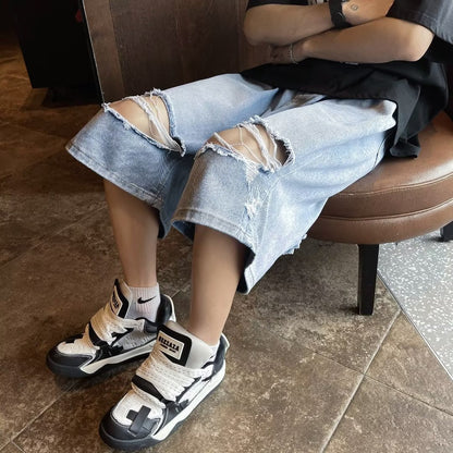 saferido skater boy outfits Summer Fashion Brand Thin Knee Ripped Jeans Men's American-Style Loose Straight Wide-Leg Pants Trendy Shorts