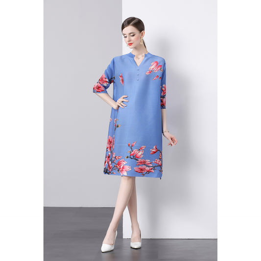 Pleated printed dress popular autumn dress new temperament large size a word new national style skirt female mother dress