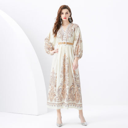 Dinner dress women's  style high sense retro court  style waist and thin temperament fashion printed dress
