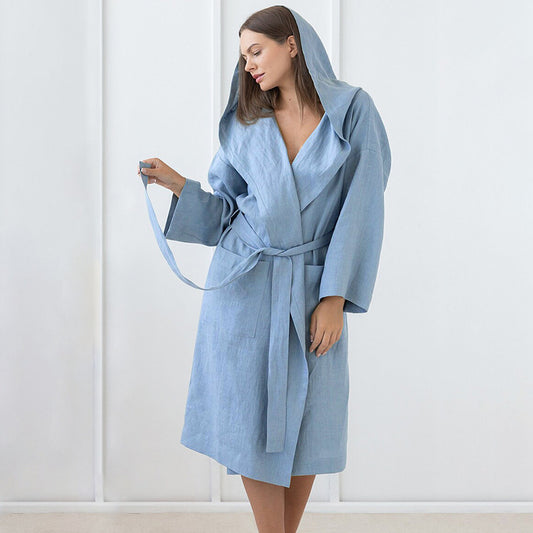 SAFERIDO 2025 Hot trade spring new  style pure cotton blue hooded lace-up pocket nightgown women's loungewear loose and casual