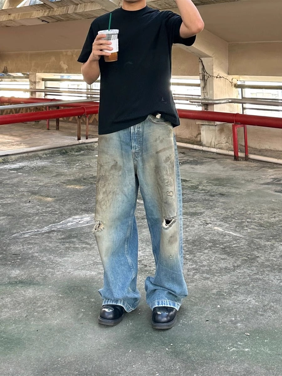 Small old washed dirty pants flared jeans spring and summer new straight loose casual versatile long pants