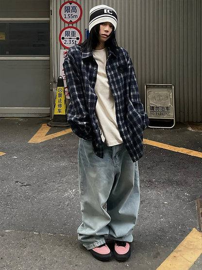 American retro plaid long-sleeved shirt men summer new loose oversize casual shirt jacket trend