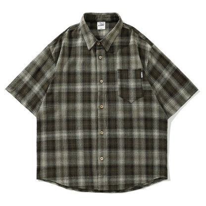 saferido      -shop shirt Japanese Style Retro Artistic Youth Plaid Short Sleeve Shirt Men's and Women's Mori Cityboy Profile Half Sleeve Striped Shirt