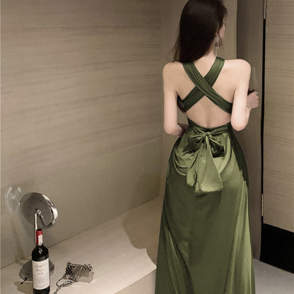 2025 high-end sense high-cold imperial sister style neck dress green evening dress high-end light luxury niche long dress summer