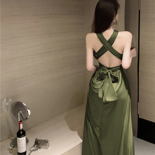 2025 high-end sense high-cold imperial sister style neck dress green evening dress high-end light luxury niche long dress summer