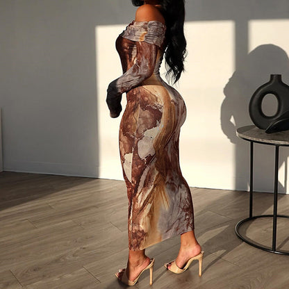 Popular trade 2025 women's clothing independent station popular autumn and winter retro style printing sexy one-word shoulder long-sleeved dress