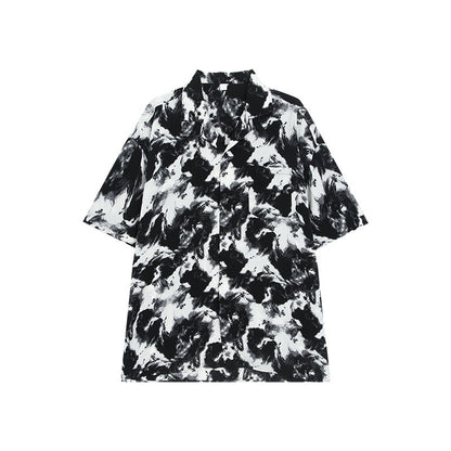 Niche tie-dye contrast color lapel shirt men's summer new loose and handsome short-sleeved drape-free hot-stamping shirt