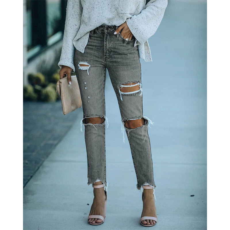 2025 Spot  New  women's jeans straight pants washed ripped rough edge casual trousers jeans women