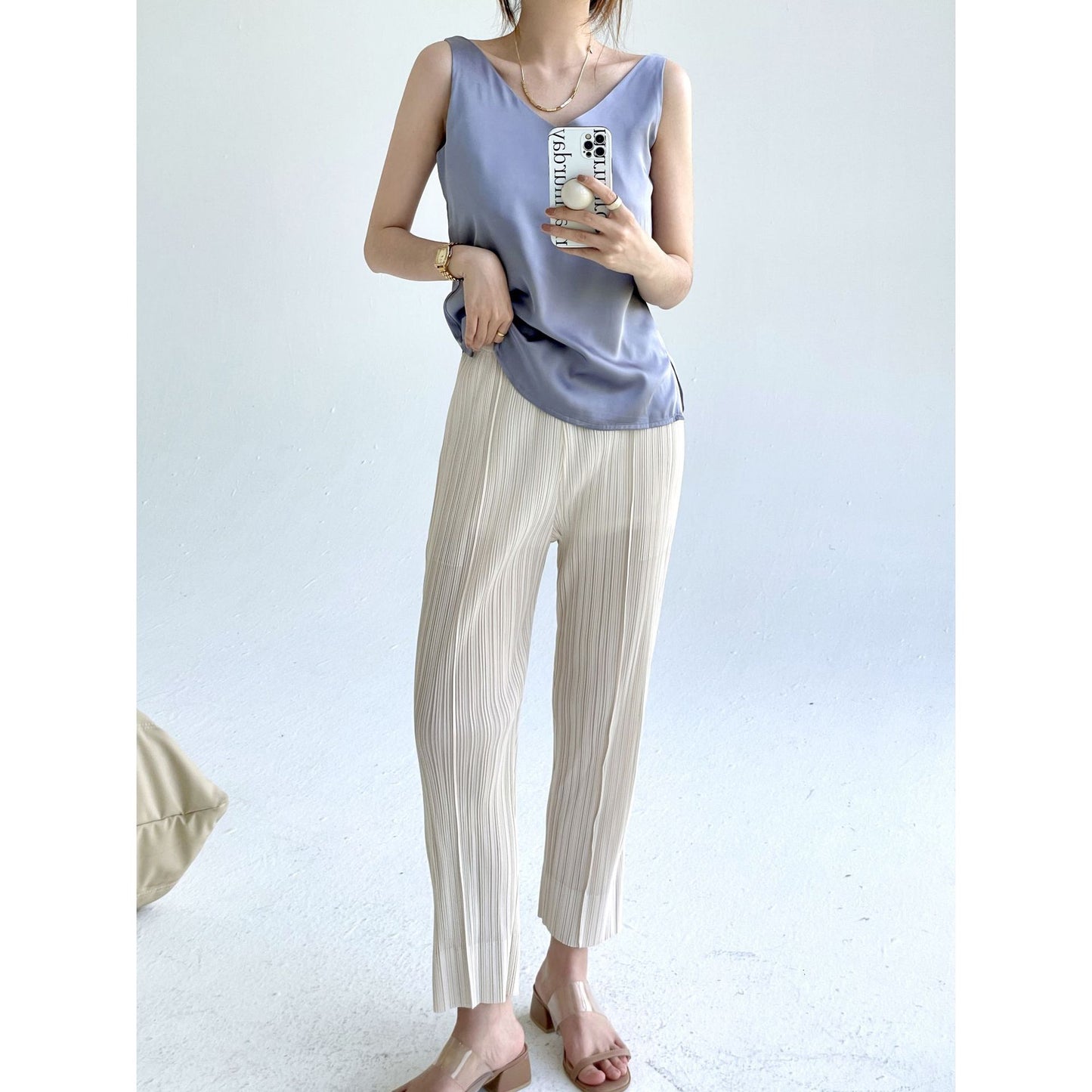 Folds popular spring and summer new simple fashion slim straight pants femininity versatile and thin casual pants