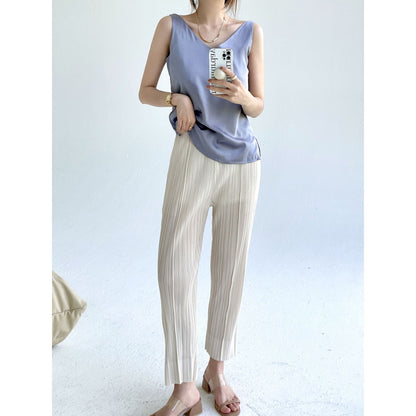 Folds popular spring and summer new simple fashion slim straight pants femininity versatile and thin casual pants
