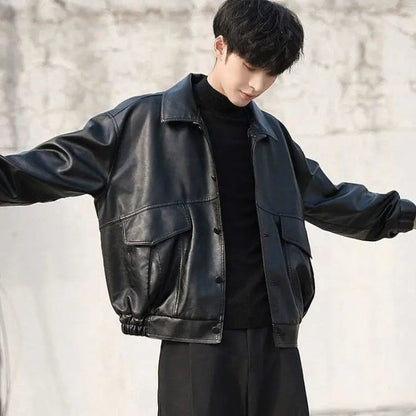saferido      -shop bomber jacket Korean Style Trendy Loose Leather Jacket Men's Short Motorcycle Clothing Student Pilot Leather Jacket Spring and Autumn plus Size Coat