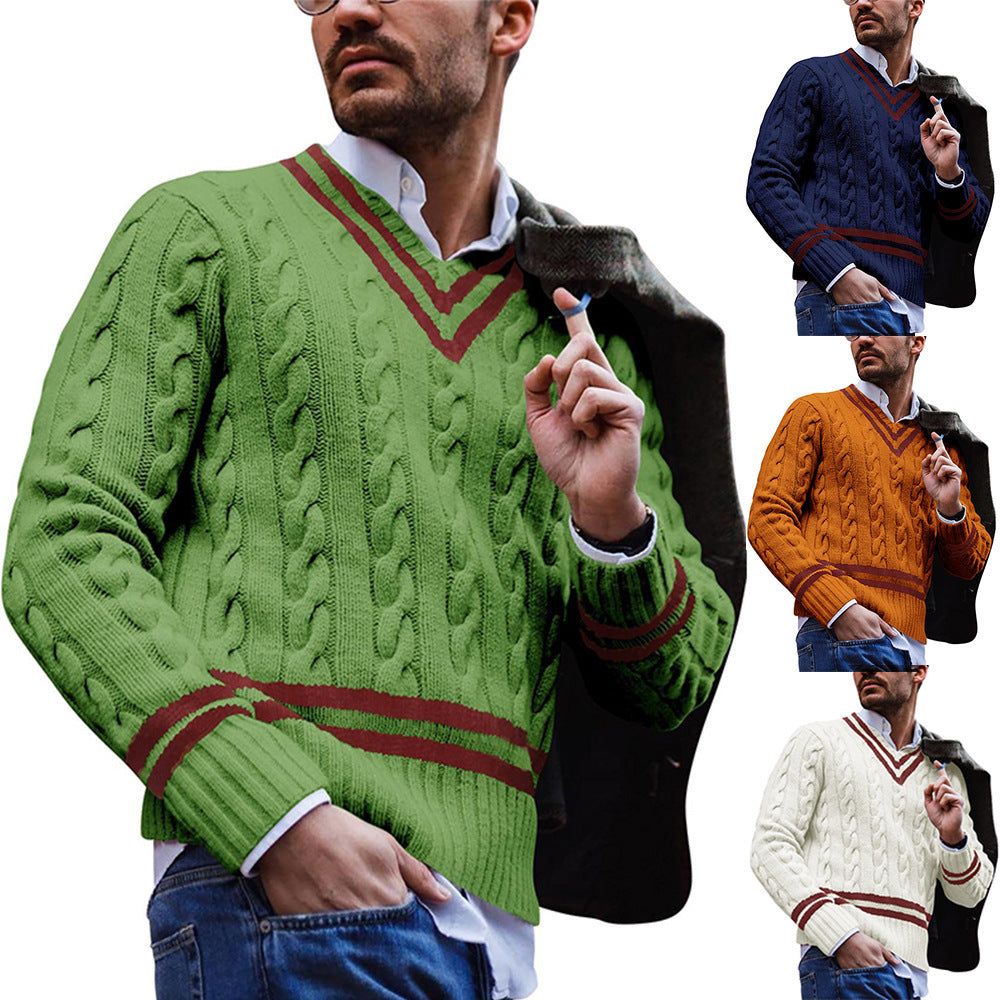 saferido      -shop mens winter fashion V-neck Sweater Men's Striped Color Matching Knitted Sweater Autumn and Winter Fashion Ins Men's Clothing