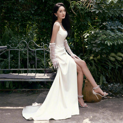 Satin light wedding dress, satin toast dress, bride's wedding dress, fashionable and atmospheric square collar, simple  style style