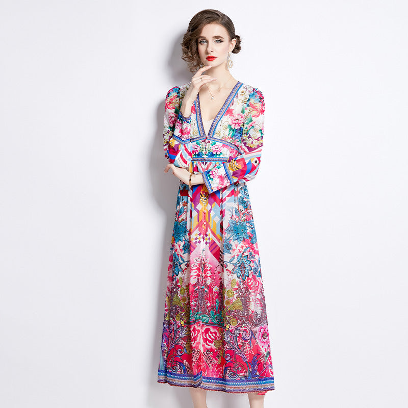 Popular trade women's clothing popular new holiday style temperament design sense V-neck printing long-sleeved waist dress