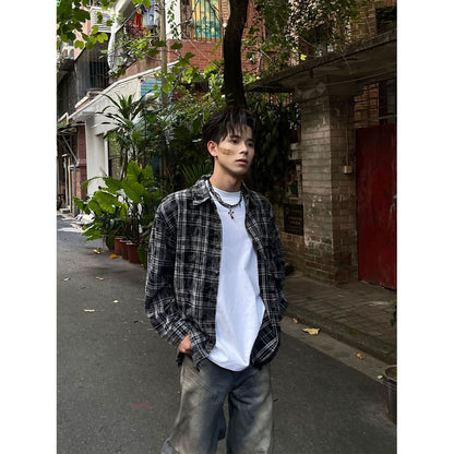 saferido      -shop skater boy outfits American High Street Retro Niche Tie-Dyed Plaid Destroyed Frayed Shirt Shirt Men's Loose Autumn Long Sleeve Coat Fashion