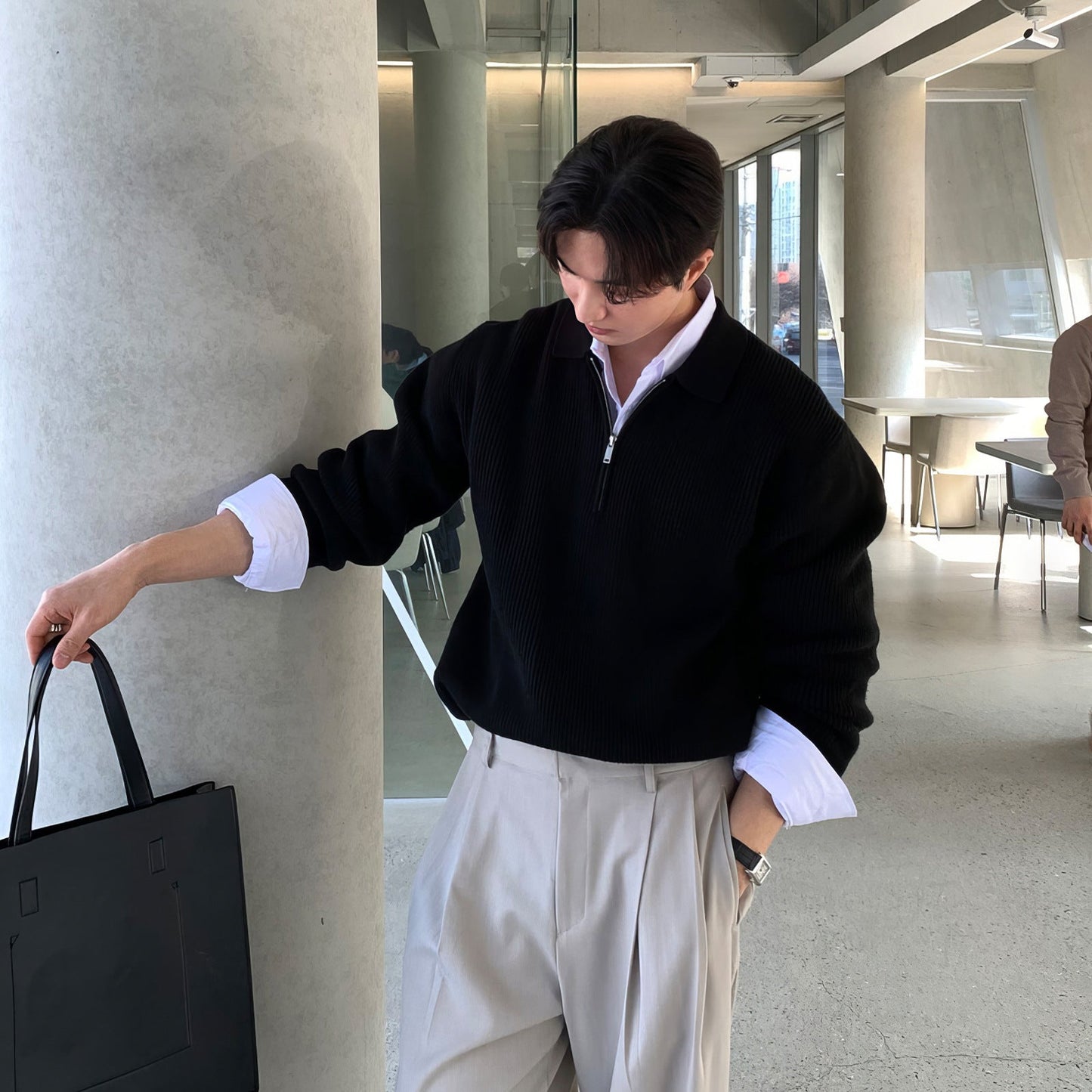saferido      -shop classy outfits men Korean Style High-Grade Cleanfit Half Zipper Lapel Polo Sweater Men's Early Autumn New Casual Knitted Top
