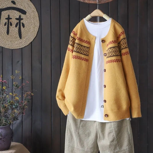 Ethnic style round neck knitted cardigan jacquard knitted sweater autumn and winter new top retro loose lazy coat