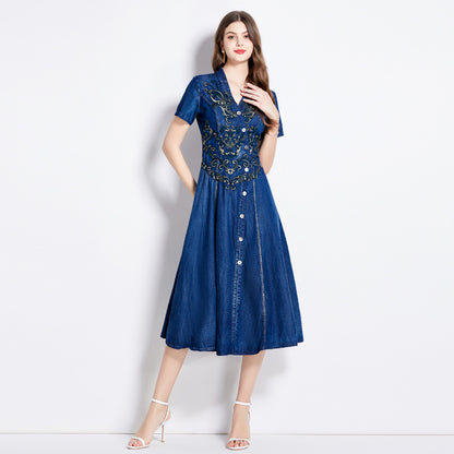 Cardigan V-neck denim dress popular summer new retro heavy industry embroidery waist thin dress ethnic style A type