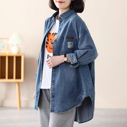 autumn new denim shirt jacket women's POLO collar casual literary age reduction loose and thin large size shirt