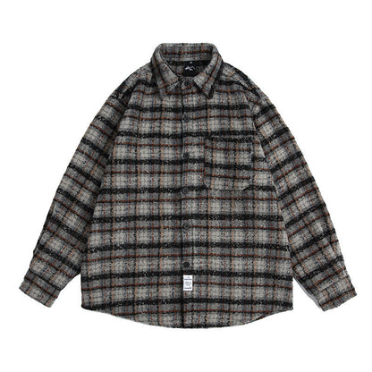 saferido      -shop black men fashion urban Dress Vintage Autumn Japanese Retro Woolen Plaid Loose Long Sleeve Shirt Men's and Women's Neutral Style Coat Fashion