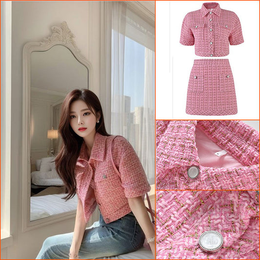 24 Spring and summer new pink tweed suit skirt small short coat high waist skirt two-piece set L1064