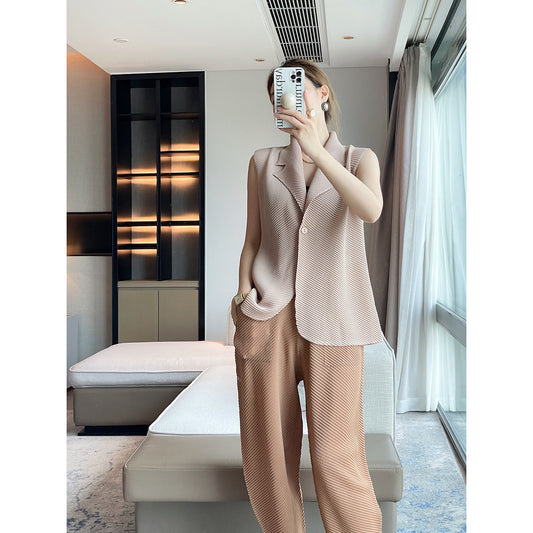 suit lapel solid color design sense fashion vest pleated jacket femininity commuting versatile and thin top