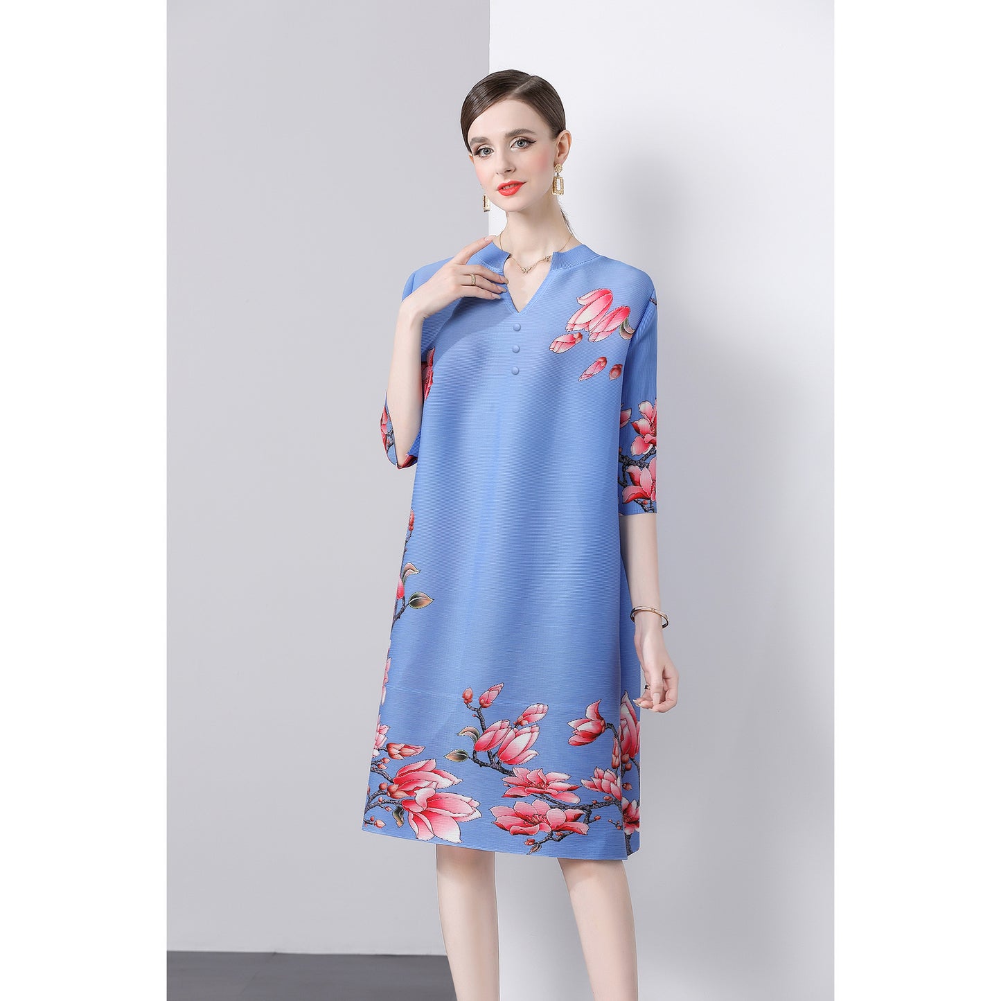 Pleated printed dress popular autumn dress new temperament large size a word new national style skirt female mother dress
