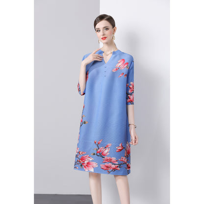 Pleated printed dress popular autumn dress new temperament large size a word new national style skirt female mother dress