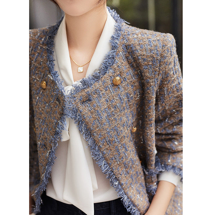 2025 Wool high-end small fragrant jacket, rough edge double-breasted, spring women's clothing short spring and autumn tweed women's top