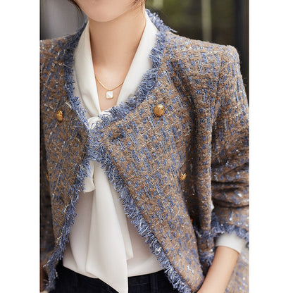 2025 Wool high-end small fragrant jacket, rough edge double-breasted, spring women's clothing short spring and autumn tweed women's top