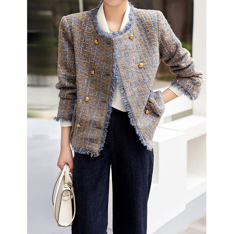2025 Wool high-end small fragrant jacket, rough edge double-breasted, spring women's clothing short spring and autumn tweed women's top
