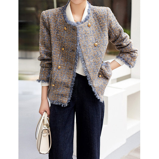 2025 Wool high-end small fragrant jacket, rough edge double-breasted, spring women's clothing short spring and autumn tweed women's top