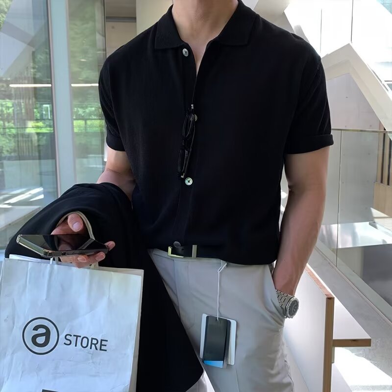 saferido      -shop mens fashion Short-Sleeved Men's Summer New Trendy Men's All-Match Polo Shirt Casual Lapel T-shirt Lazy Style Cardigan Knitted T-shirt Trendy