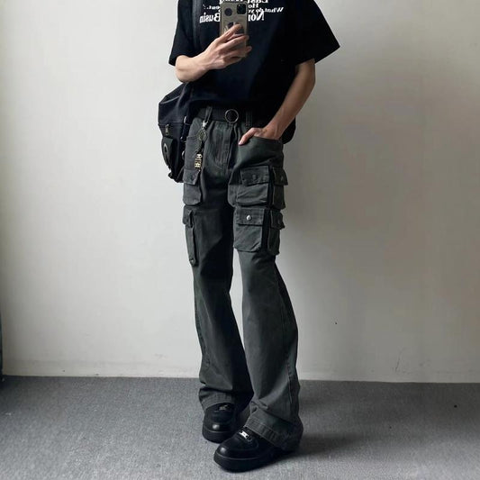 saferido masc outfits American-Style Three-Dimensional Multi-Pocket Casual Pants Men's Straight Micro-Pull Cleanfit Pants Vibe Washed Overalls Long Pants