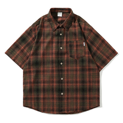 saferido      -shop shirt Japanese Style Retro Artistic Youth Plaid Short Sleeve Shirt Men's and Women's Mori Cityboy Profile Half Sleeve Striped Shirt
