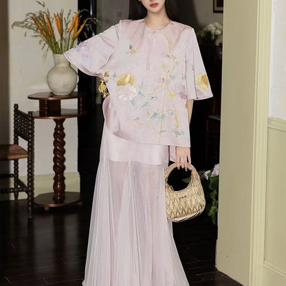 summer new Chinese ancient style Chinese style high-end exquisite embroidered printed top skirt two-piece set M5099