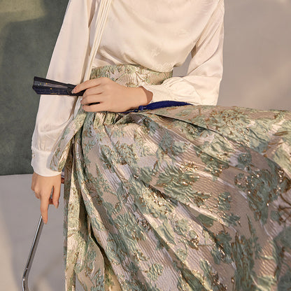 New Chinese style satin design top jacquard horse skirt high-end temperament shirt set LZ555