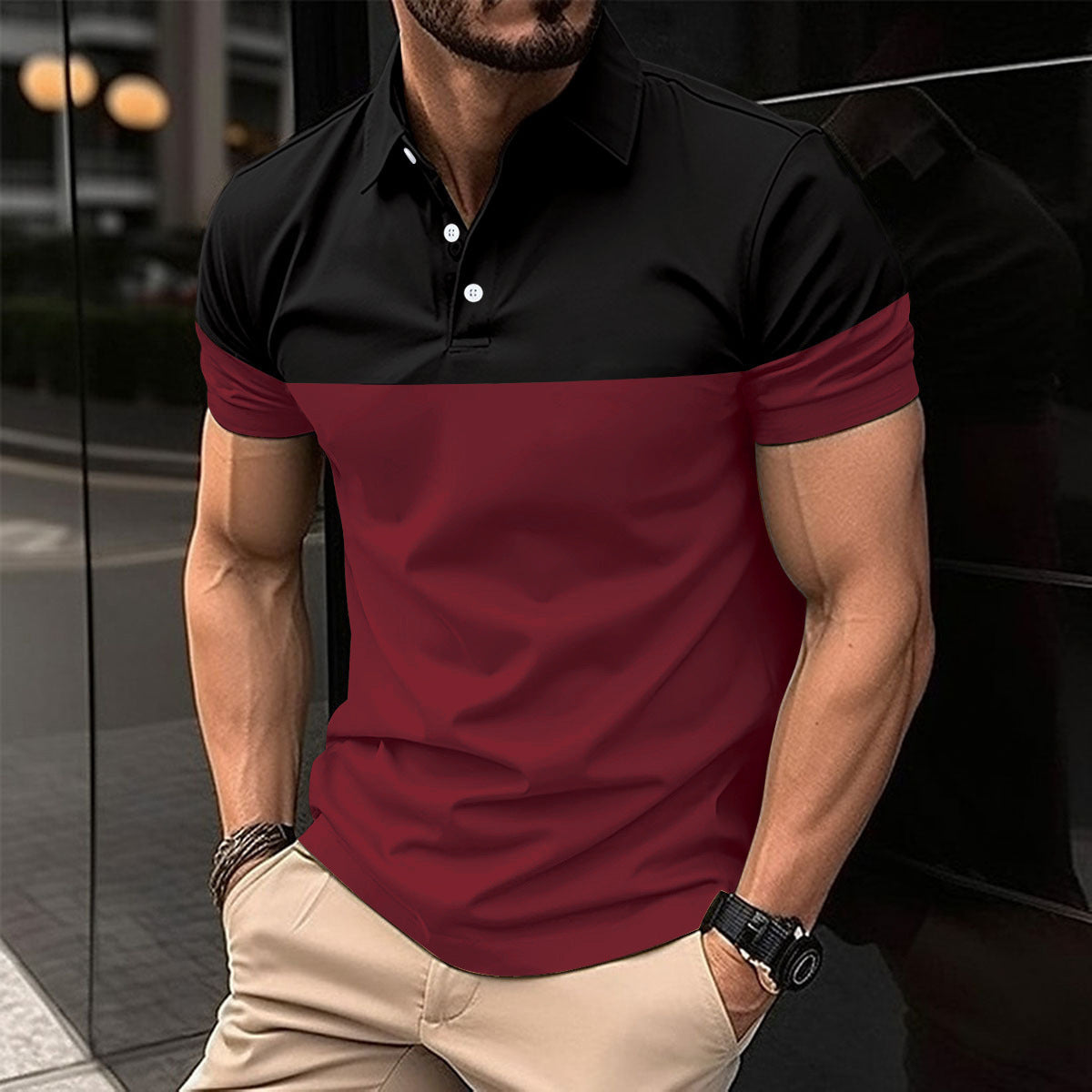 new  men's casual POLO shirts fashionable V-neck buttons business color matching all-match T-shirt tops