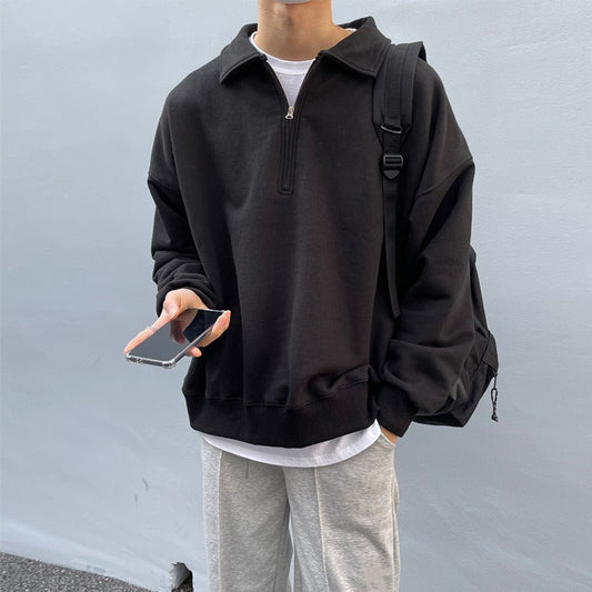 saferido men’s haircut Basic Men's Pullover Sweater Half-Open Zipper Lapel Simple All-Match Coat Korean Spring Solid Color Long-Sleeved Top