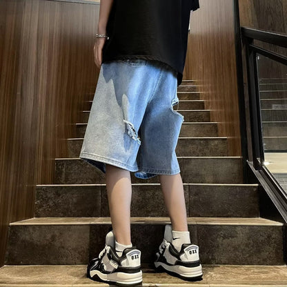 saferido skater boy outfits Summer Fashion Brand Thin Knee Ripped Jeans Men's American-Style Loose Straight Wide-Leg Pants Trendy Shorts